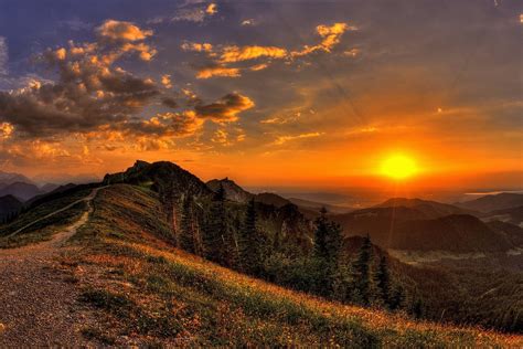 Download Horizon Sun Path Tree Mountain Nature Sunset HD Wallpaper