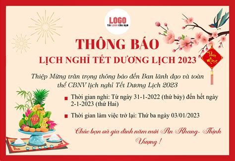 Thông báo lịch nghỉ tết 2023 mẫu hoa đào với logo