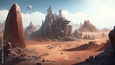 A massive fantasy city mars colors landscape concept art surrounding an ...