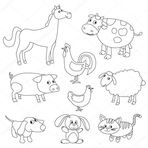 Cute cartoon farm animals and birds for coloring book. Outline v ...