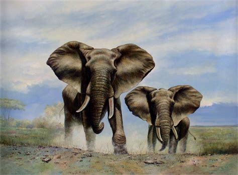 Stretched Quality Hand Painted Oil Painting, Running Elephants 36x48in ...