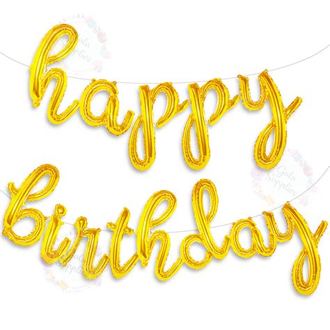 Buy Gold Happy Birthday Balloons Banner | Script/Cursive Gold Letter ...