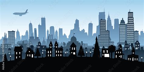 A cartoon silhouette cityscape of a big, busy city with houses and ...