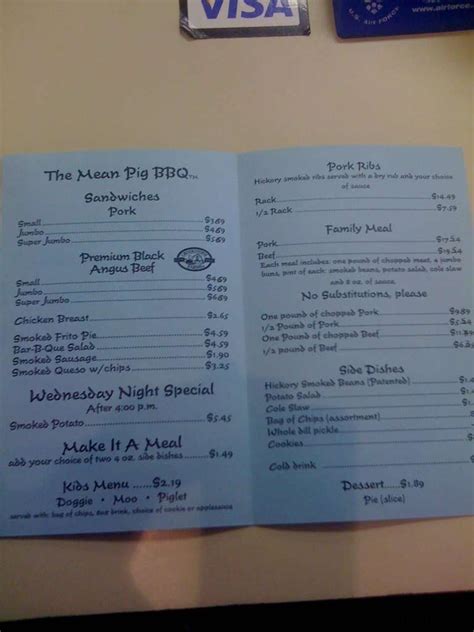 Menu at The Mean Pig BBQ, Cabot, Bill Foster Memorial Hwy