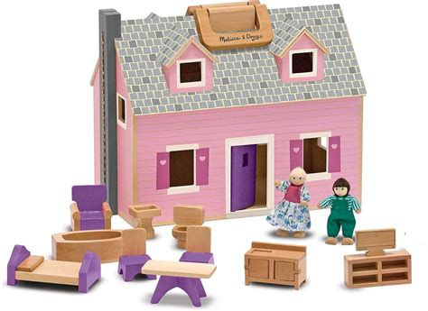 Melissa & Doug Fold and Go Wooden Dollhouse With 4 Dolls and Wooden ...