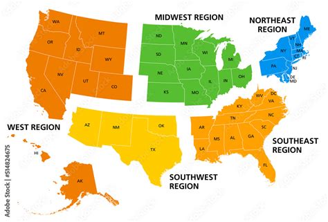 United States, geographic regions, colored political map. Five regions ...