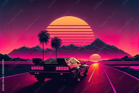 Retro futuristic back side view 80s supercar on trendy synthwave ...