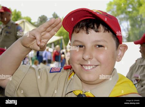 Boy scout in uniform performs three finger salute Stock Photo - Alamy