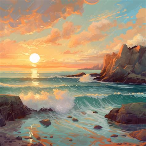 Premium AI Image | A painting of a sunset with the sun setting on the ...