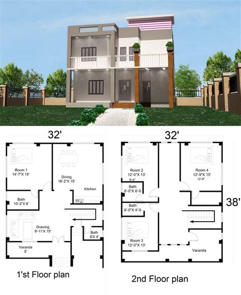 Simple 2 storey house design with floor plan 32'X40' 4- Bed Room | 2 ...