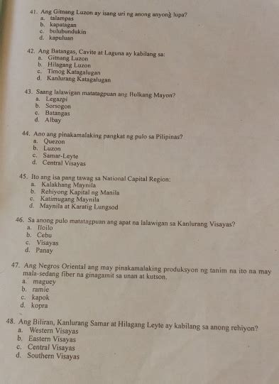 Solved: 41. Ang Gitnang Luzon ay isang uri ng anong anyong lupa? a ...