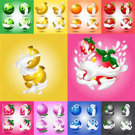 Set of various cartoon fruits with milk splash. Vector collection Stock ...