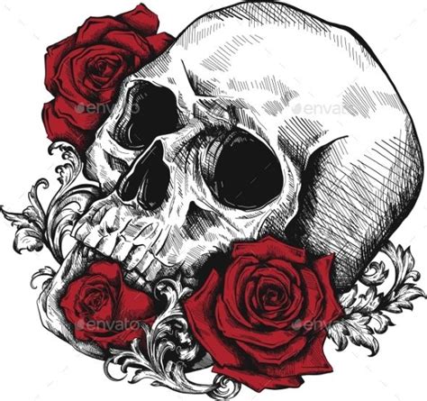 Human Skull with Roses on White Background | Skulls drawing, Skull and ...