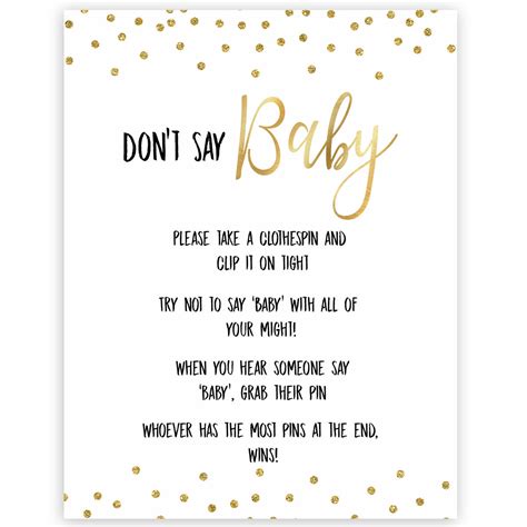 Don't Say Baby Game - Gold Glitter Printable Baby Shower Games ...