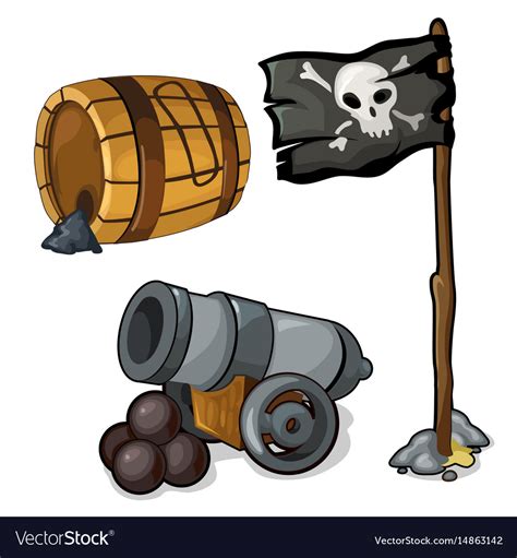 Wooden barrel gunpowder cannon and pirate flag Vector Image