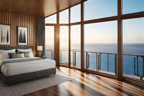 Premium Photo | A bedroom with a view of the ocean.