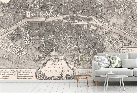 Vintage Paris Map Wallpaper | Antique Map Wall Murals | Wallpapered