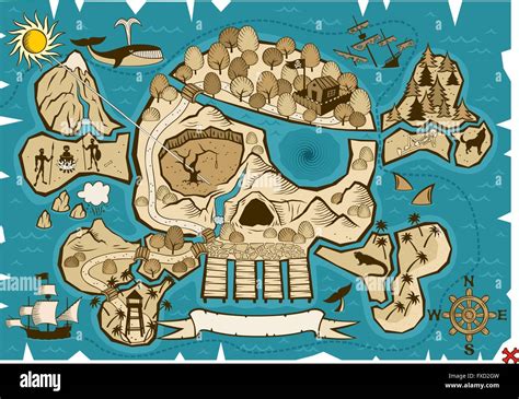 Map of treasure island in the shape of skull and bones. Use the X in ...