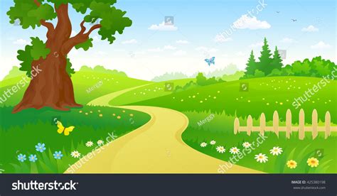 Vector cartoon illustration of a summer forest path | Cartoon ...