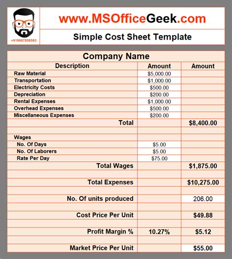 Costing Sheet Template