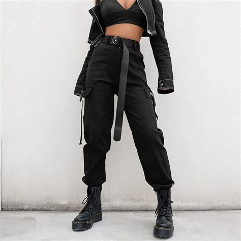 Black High Waist Cargo Pants Women Pockets Patchwork Loose Streetwear ...