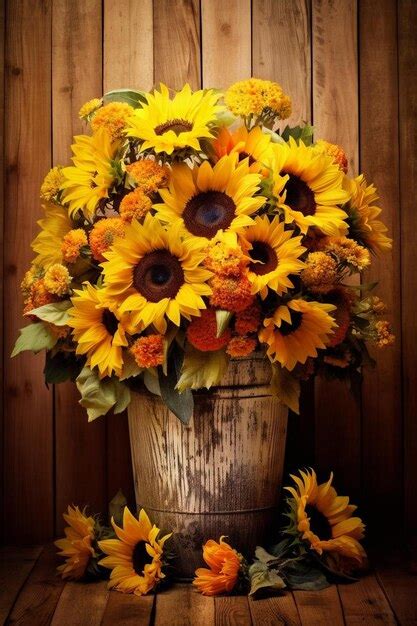 Premium AI Image | sunflowers in a bucket with a wooden background.