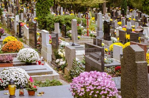 Cemetery Decorated At All Saints Day Time Stock Photo - Image of ...