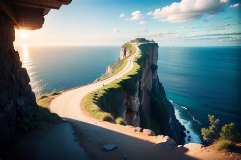 Premium AI Image | A road on the edge of a cliff with a view of the ocean.