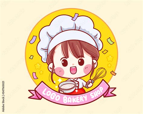 Cute Bakery chef girl smiling cartoon art illustration logo. Premium ...