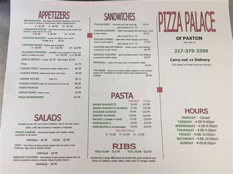 Menu at pizza palace pizzeria, Paxton