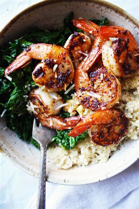 Spicy Shrimp Bowls with Parmesan Quinoa and Garlic Kale