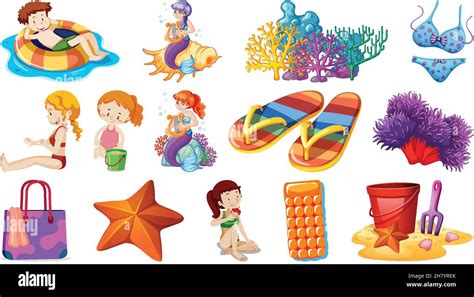 Set of summer beach objects and cartoon characters illustration Stock ...