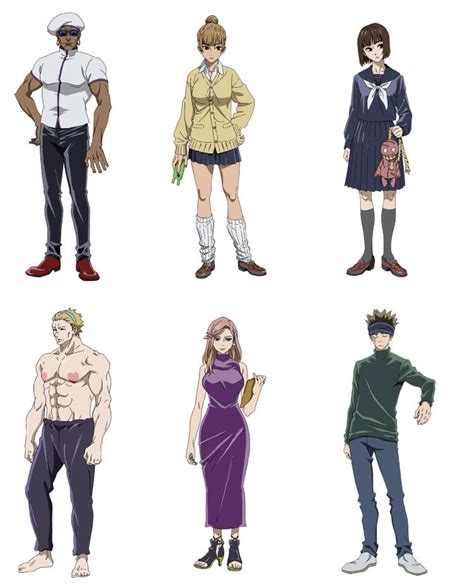 four anime characters are standing in different poses