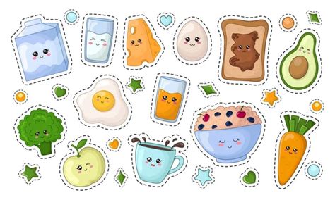 Kawaii personajes de alimentos lindos - carne, verduras, bebidas iconos ...