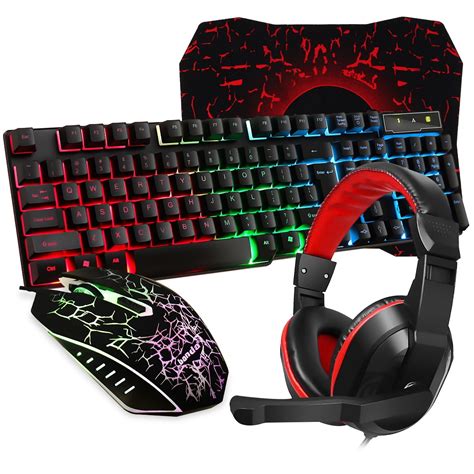 Gaming Keyboard and Mouse Combo with Headset, RGB Rainbow Backlit 104 ...