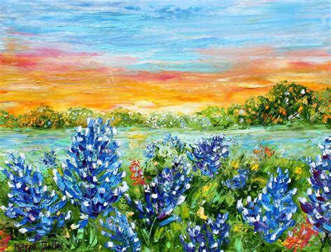 Bluebonnets landscape, blue flower painting, Texas art original oil, on ...