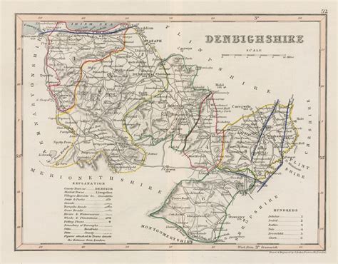 Old and antique prints and maps: Denbighshire map, 1848, Wales, antique ...