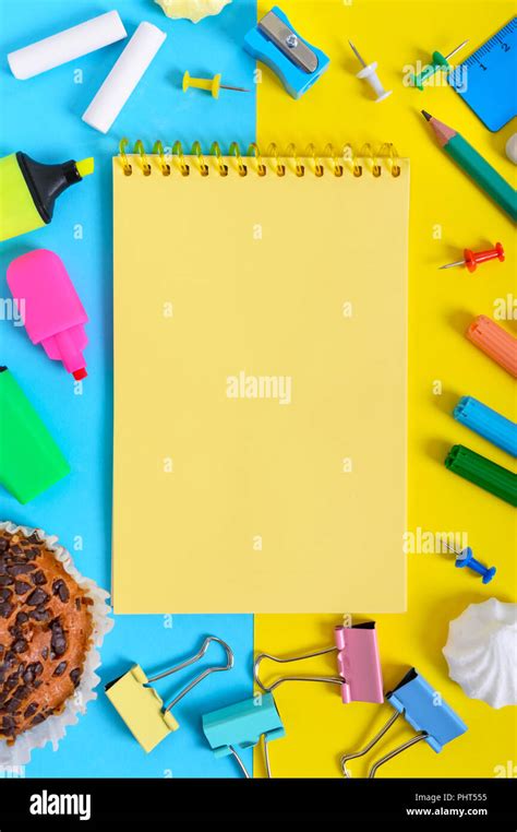 School accessories on a yellow-blue bright background. Back to school ...