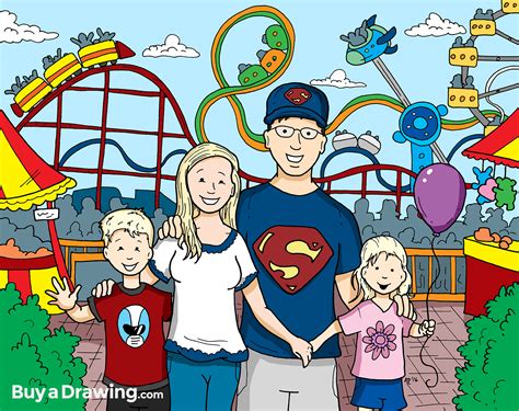 Family Cartoon Portrait Drawing at an Amusement Park