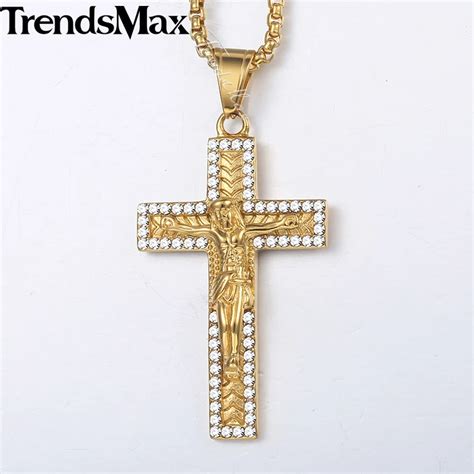 Men's Crucifix Jesus Cross Necklace Iced Out Paved Rhinestones CZ Gold ...