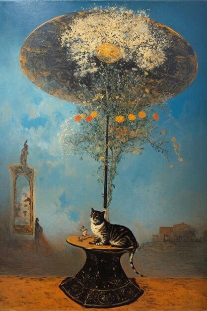 Premium AI Image | A painting of a cat on a table with a flower on it.