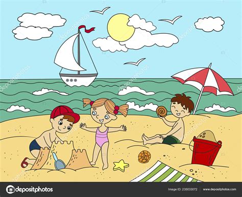 Children Swimming Beach Play Toys Vector Illustration Sea Beach Kids ...