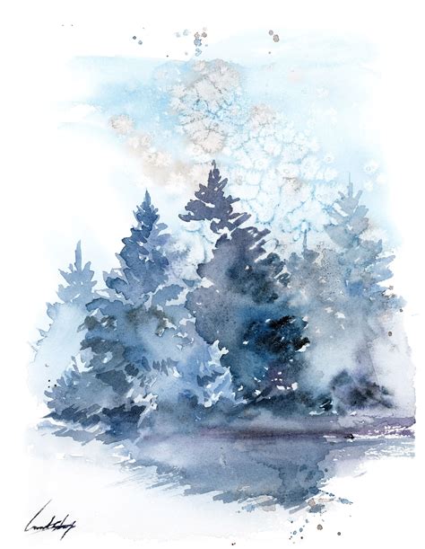 Blue Pine Trees Christmas artwork Original Watercolor | Etsy ...