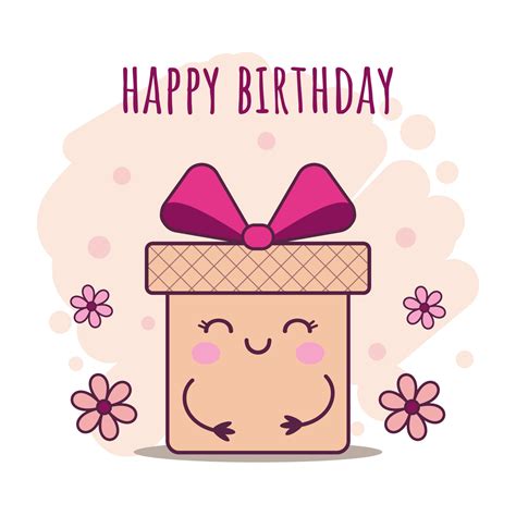 Happy birthday greeting card. Cute cartoon kawaii gift box character ...