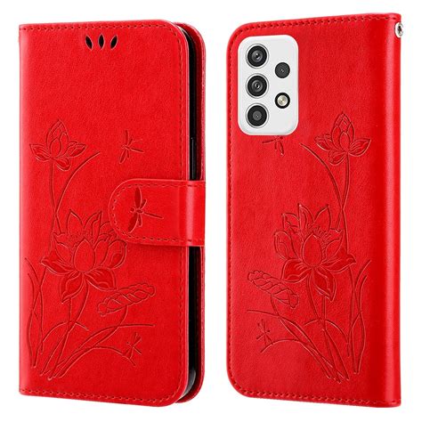 For Samsung Galaxy A23 5G Lotus Embossed Leather Phone Case (Red ...