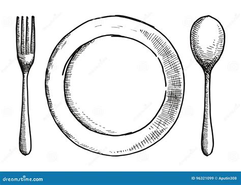 Fork Spoon and a Plate of Hand-drawing. Cutlery Vector Illustration ...