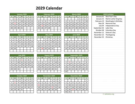 Printable 2029 Calendar with Federal Holidays | WikiDates.org