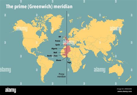 Modern map showing the countries that the prime Greenwich meridian ...