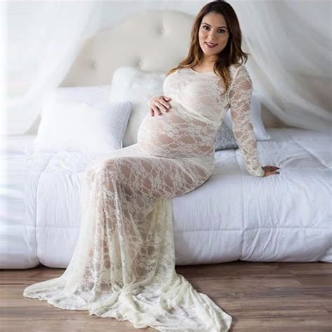 Pregnant Women Dress Maternity Long Sleeve Lace Long Maxi Gown ...