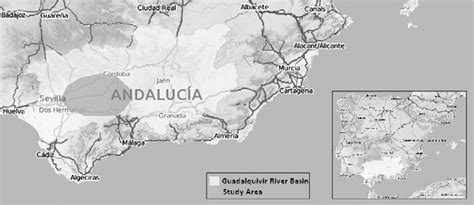 Map of the study area: Guadalquivir River Basin, showing location of ...